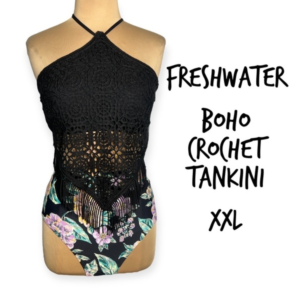 Freshwater boho crochet tankini size XXL black multicolor floral - Picture 3 of 9